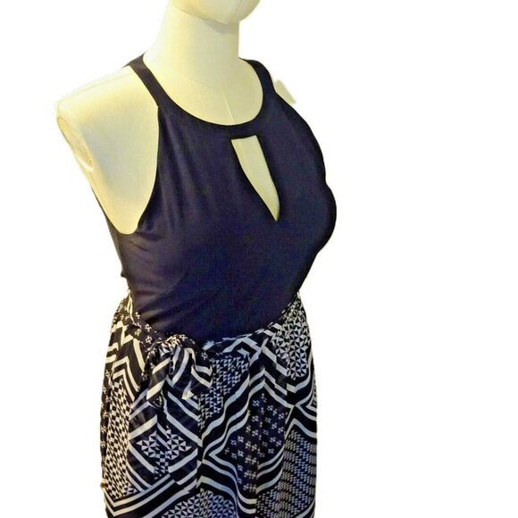Vince Camuto Size 14 Navy and White Polyester Halter Style Belted Maxi Dress - Picture 2 of 10